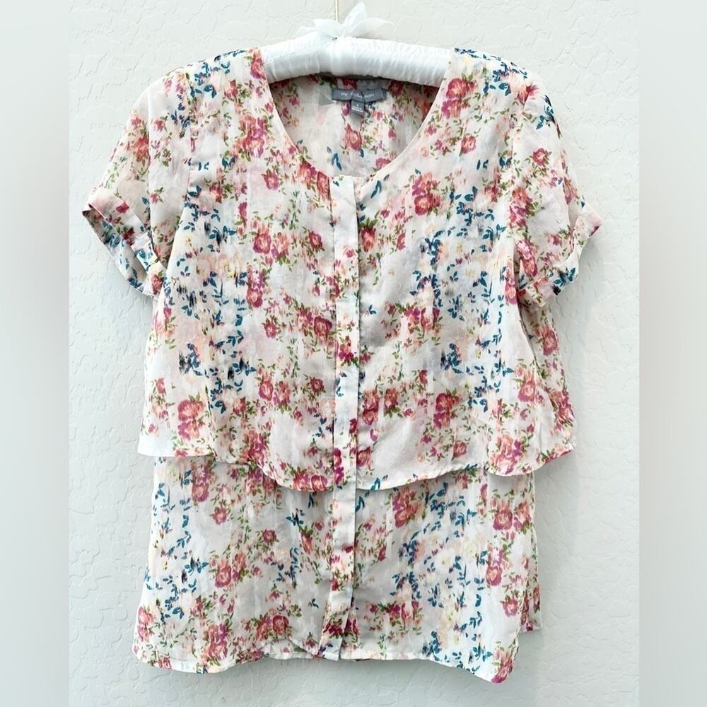 NY COLLECTION White Floral Tiered Blouse Top Small Cottagecore Romantic Sheer